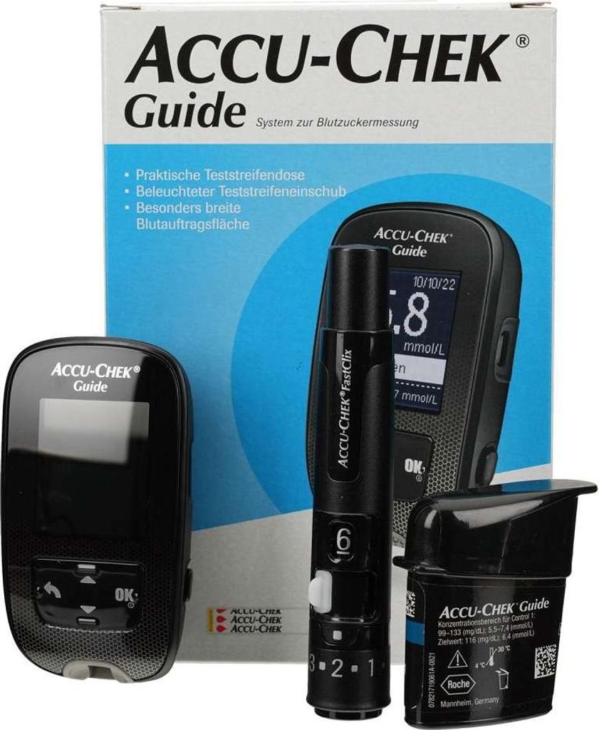 A product shot of a blood glucose meter kit, including the meter, lancing device, and test strip container, along with its packaging.