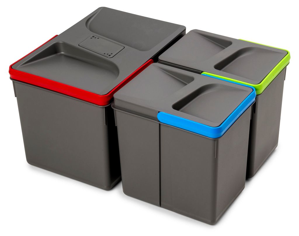 Emuca Recycle-Küchenschubladenbehälter mit geruchsdichtem Deckel, Höhe 216 mm, 1x12 Liter, 2x6 Liter, Kunststoff anthrazitgrau