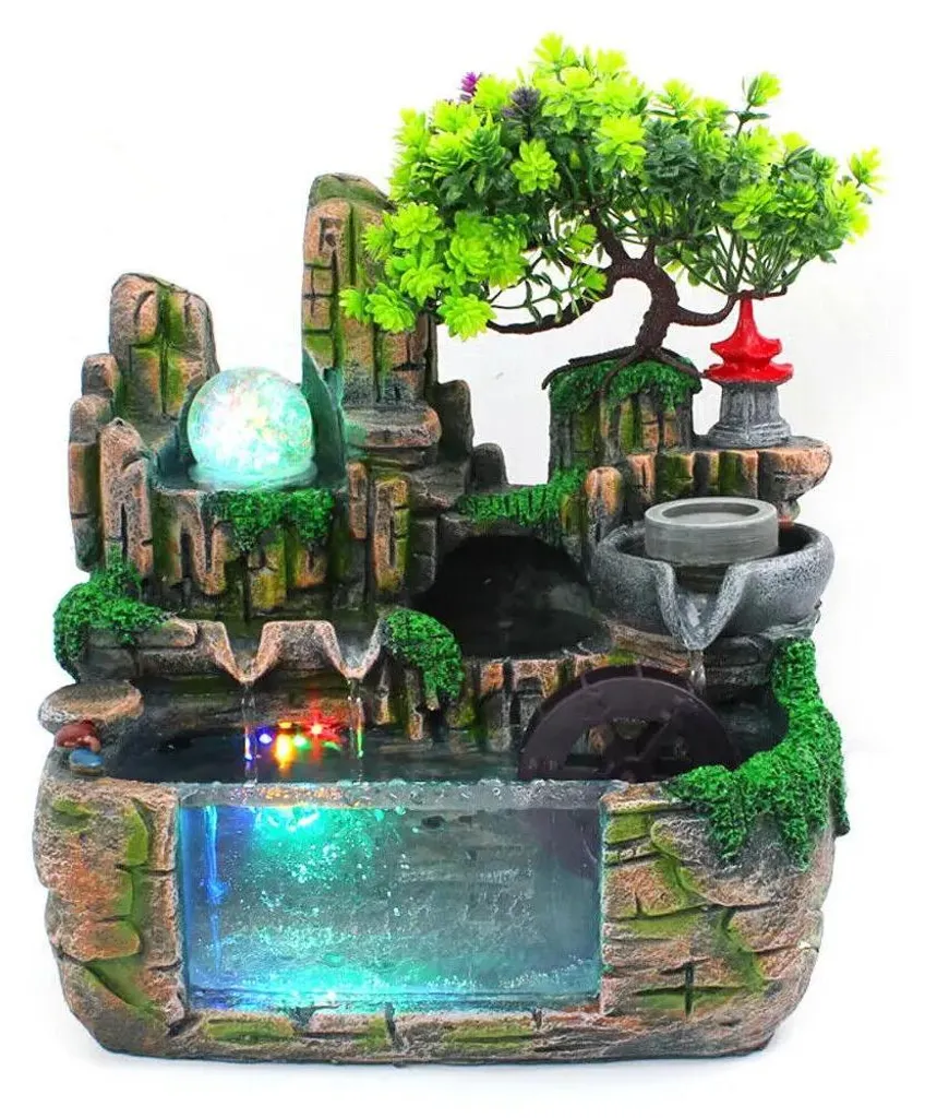 Petite fontaine cascade LED en résine verte pour décoration de bureau