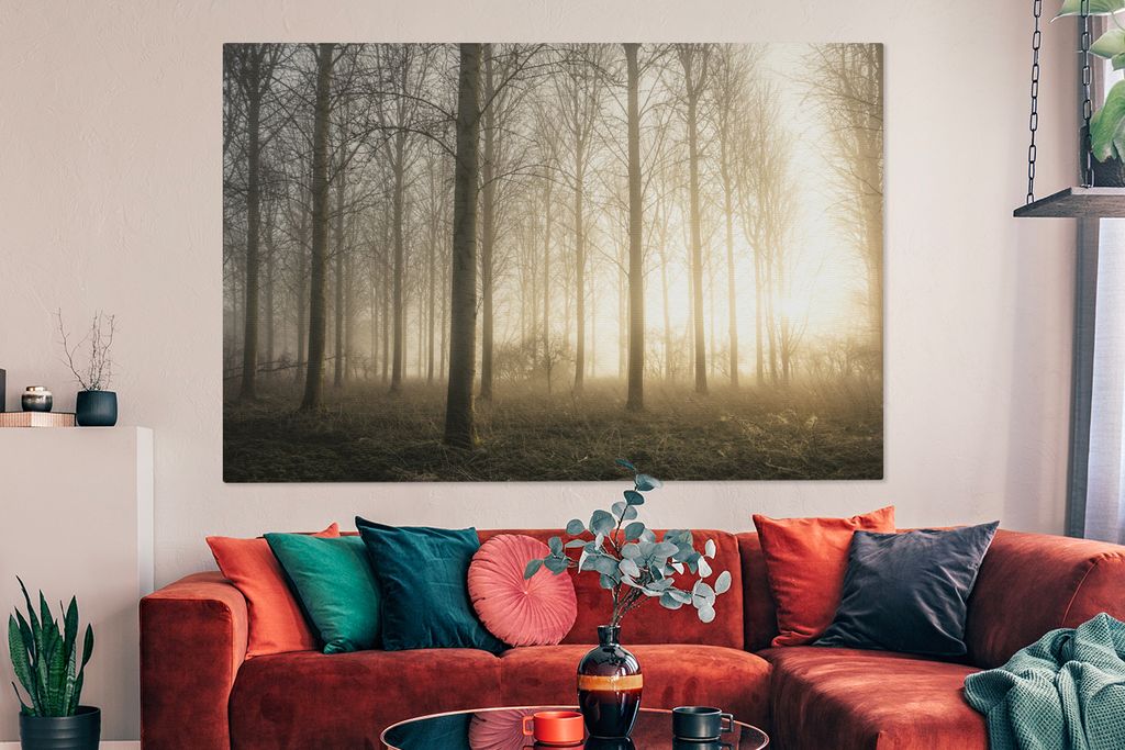 OneMillionCanvasses - Leinwandbilder - 150x100 cm, Wald - Sonne - Nebel, Wandbilder Kunstdruck Wanddekoration