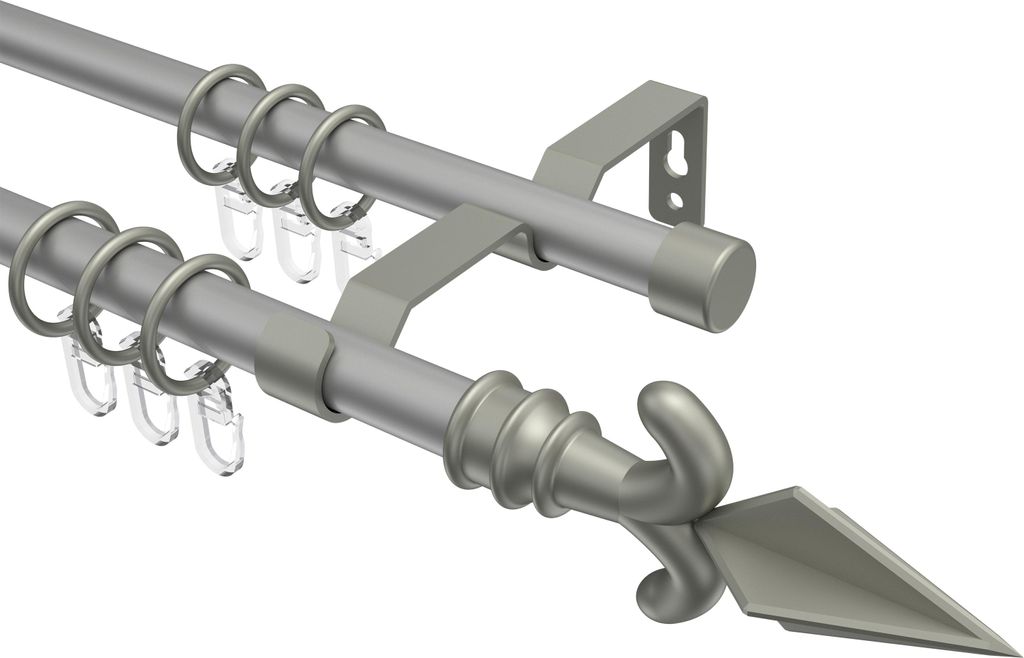 Interdeco Gardinenstange / Vorhangstange Silbergrau / Chrom matt, Typ Olymp Matteo (Pfeil), 16 mm Ø 2-läufig, 520 cm