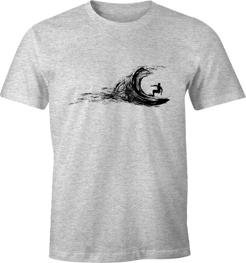 Herren T-Shirt Surfer surfing surfen Surfboard Wave Welle Wellenreiten Urlaub Meer Ozean Surfer Boy Silhouette Slim Fit Neverless grau-meliert M