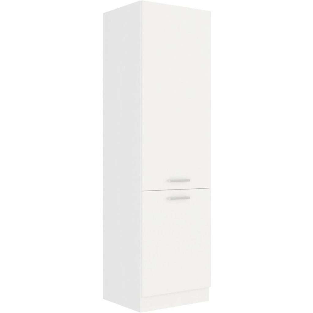 A tall, white cabinet with two doors and silver handles, shown against a white background.
