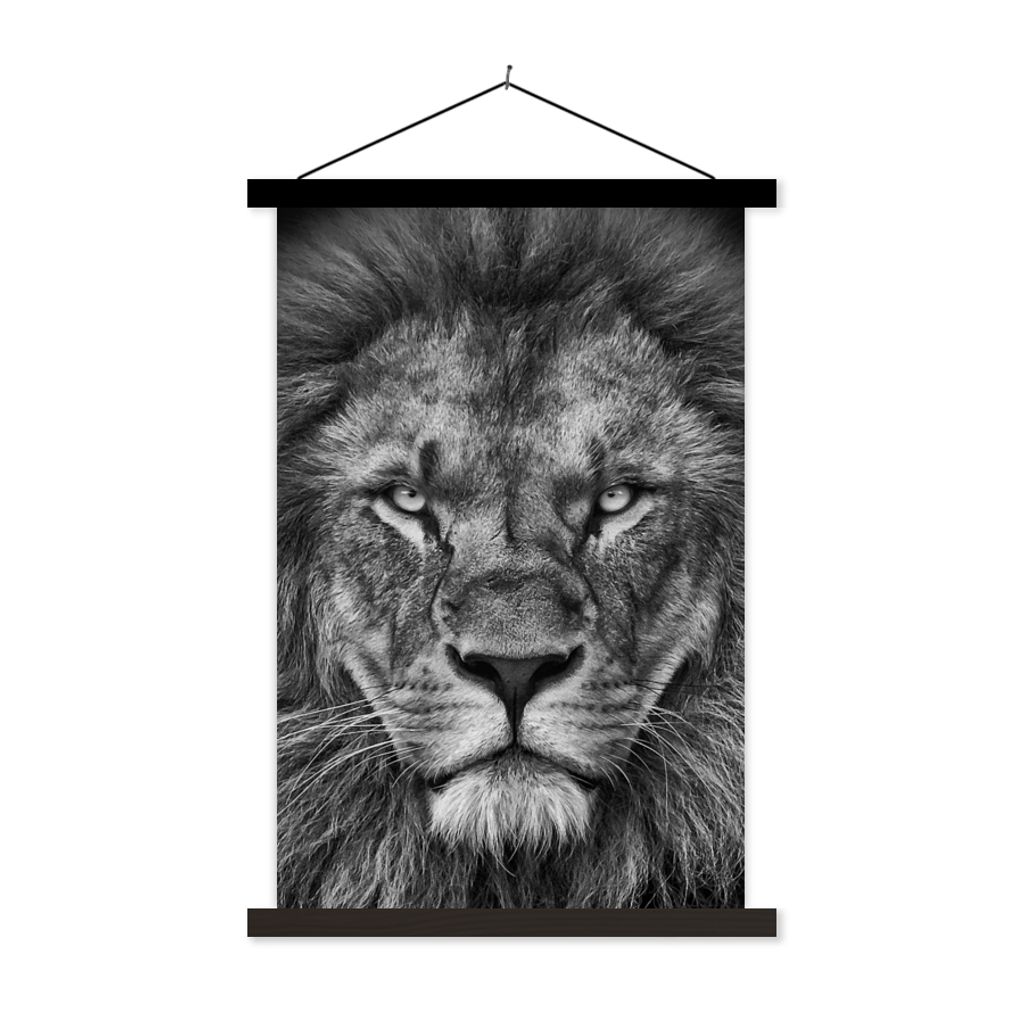 MuchoWow Textilposter Tiere - Löwe - Schwarz - Weiß - Porträt 40x60 cm mit schwarzem Rahmen - Wanddekorationen