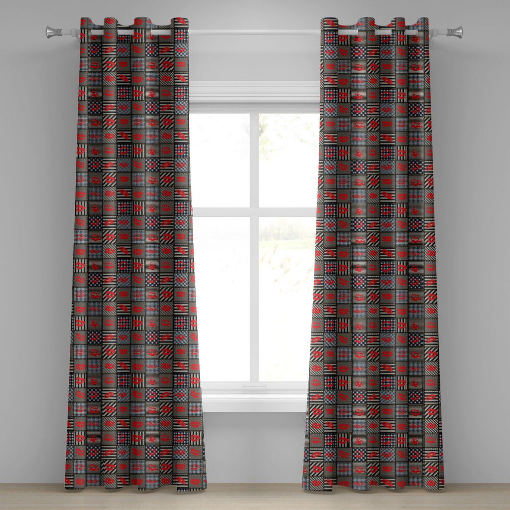 ABAKUHAUS Bunt Ösenvorhang, Jeans und Hemmten Muster mit verschiedenen Roten Lippenstift küssen Und naht rändern, Dekorative 2-Panel-Fenstervorh...