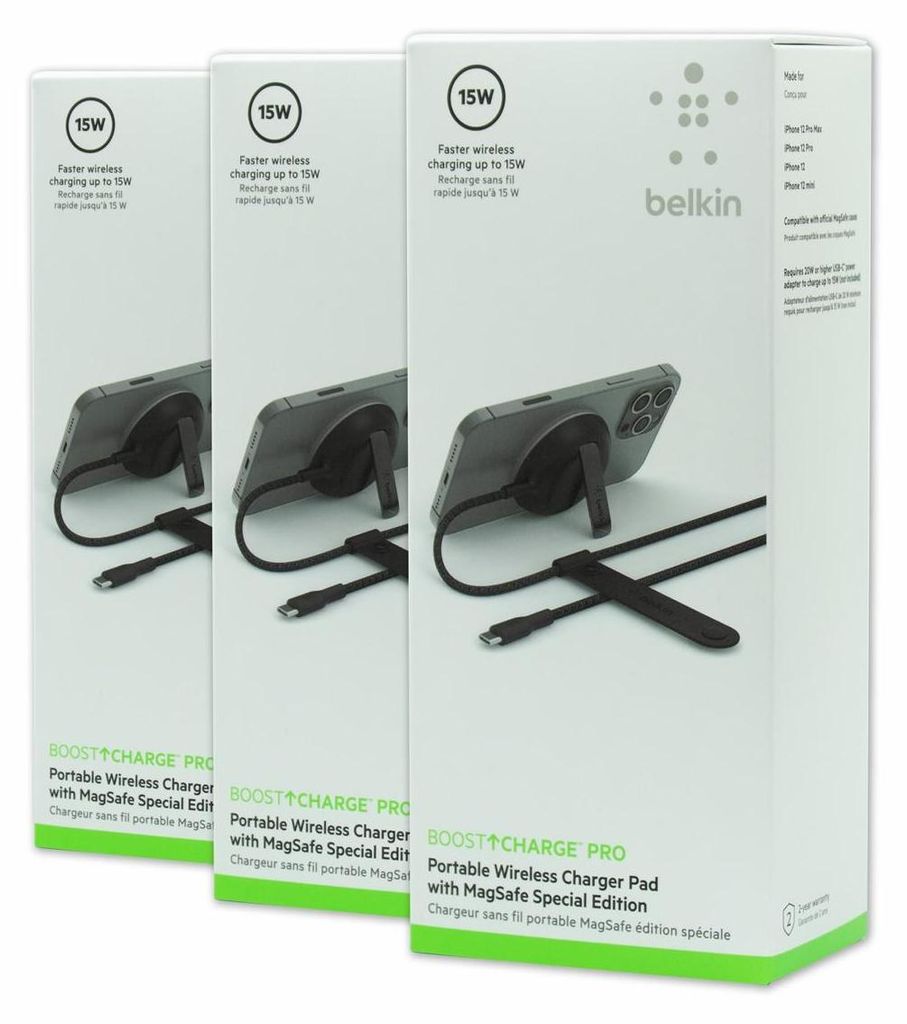 Three boxes of Belkin Boost Charge Pro portable wireless charger pads are shown side-by-side.