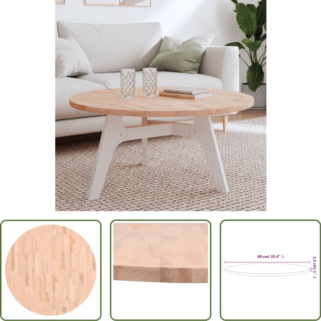 The Living Store Tischplatte Ø90x2,5 cm Rund Massivholz Buche