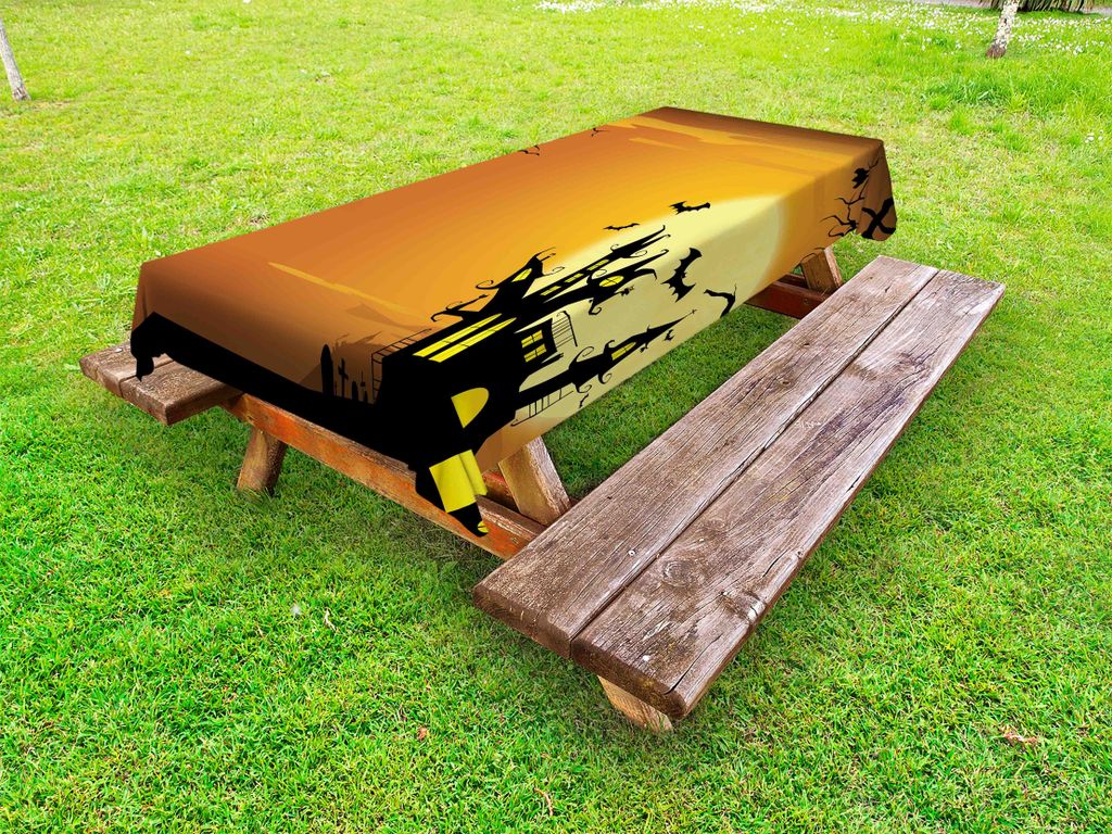 ABAKUHAUS Halloween Tischdecke Outdoor, Gothic Spukhaus Fledermäuse Western Spooky Night Scene mit Kürbis Zeichnung Kunst, Orange Schwarz, 145x265cm