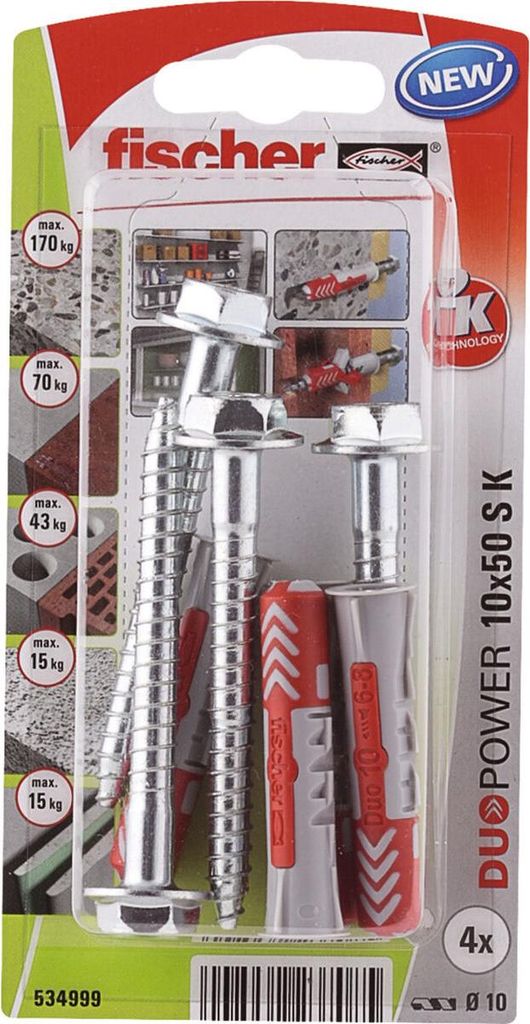 A retail package of Fischer DUOPOWER wall plugs and screws.