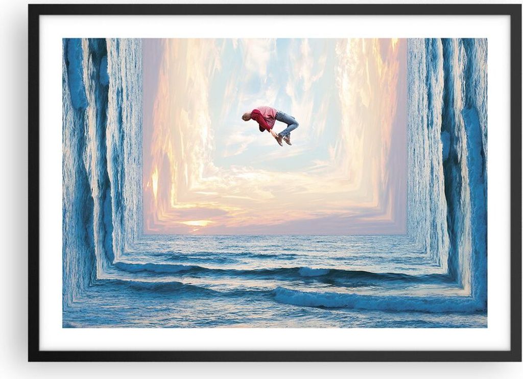 Gerahmtes Poster - Schwarzer Rahmen - Sprung Freiheit Surrealismus - 70x50 cm - Wand Bild - Wanddeko - Wandbilder - Kunstposter - Wandposter - Bild...