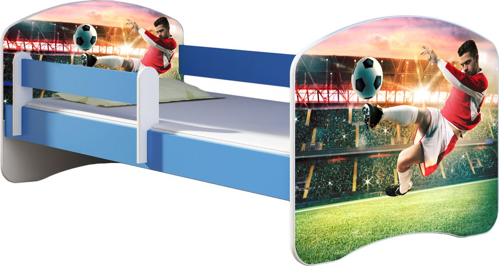 ACMA Jugendbett Kinderbett Junior-Bett Komplett-Set mit Matratze Lattenrost und Rausfallschutz Blau 37 Fußballer 2 140x70