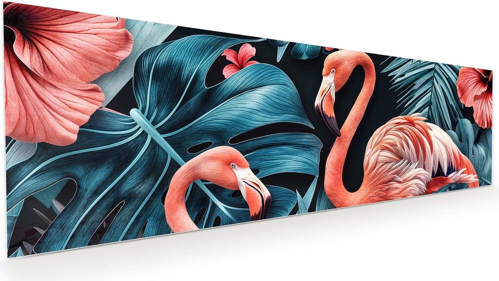 Glasbild 120x40cm in XXL für Wohnzimmer, Schlafzimmer Motiv Flamingos und Blumen
