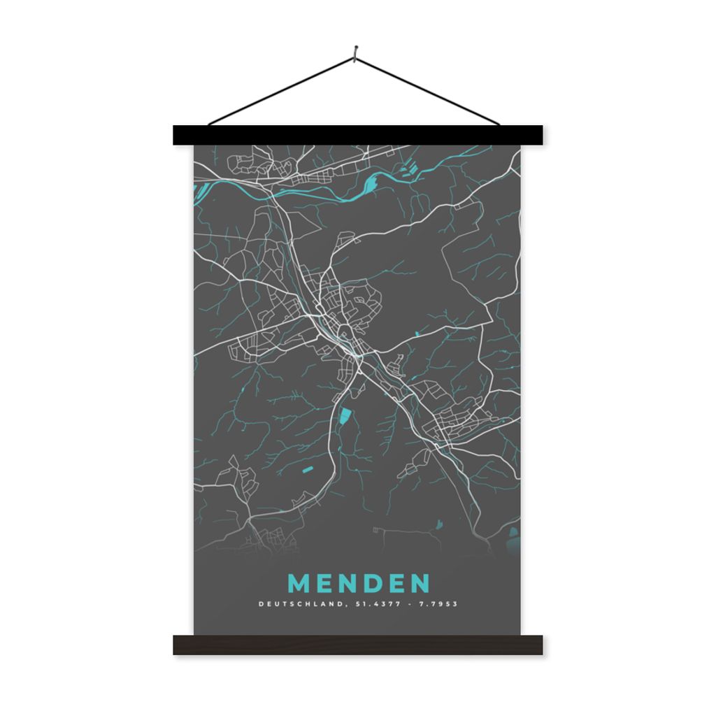 MuchoWow Textilposter Deutschland - Blau - Menden - Stadtplan - Karte 40x60 cm mit schwarzem Rahmen - Wanddekorationen