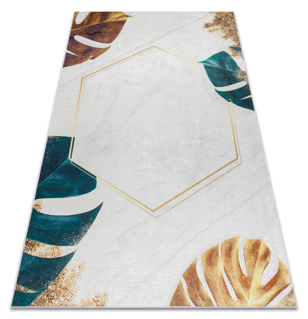 ANDRE 1150 Waschteppich Monstera-Blätter, Würfel Anti-Rutsch - weiß / gold Mehrfarben 80x150 cm