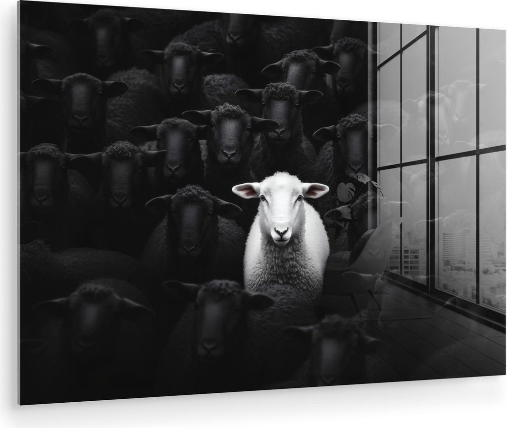 MuchoWow Glasbilder - Bilder auf Wandbild - Foto auf Glas Schafe - Weiß - Dunkelheit 90x60 cm Wanddekoration aus Glas - Acrylglasbild - Acrylbilde...