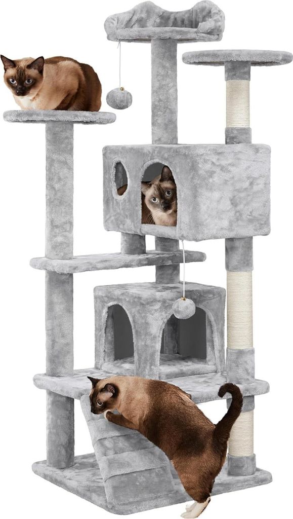 Katzenkratzbaum mit Seil und verschiedenen Plattformen - 130 cm hoch, Hellgrau