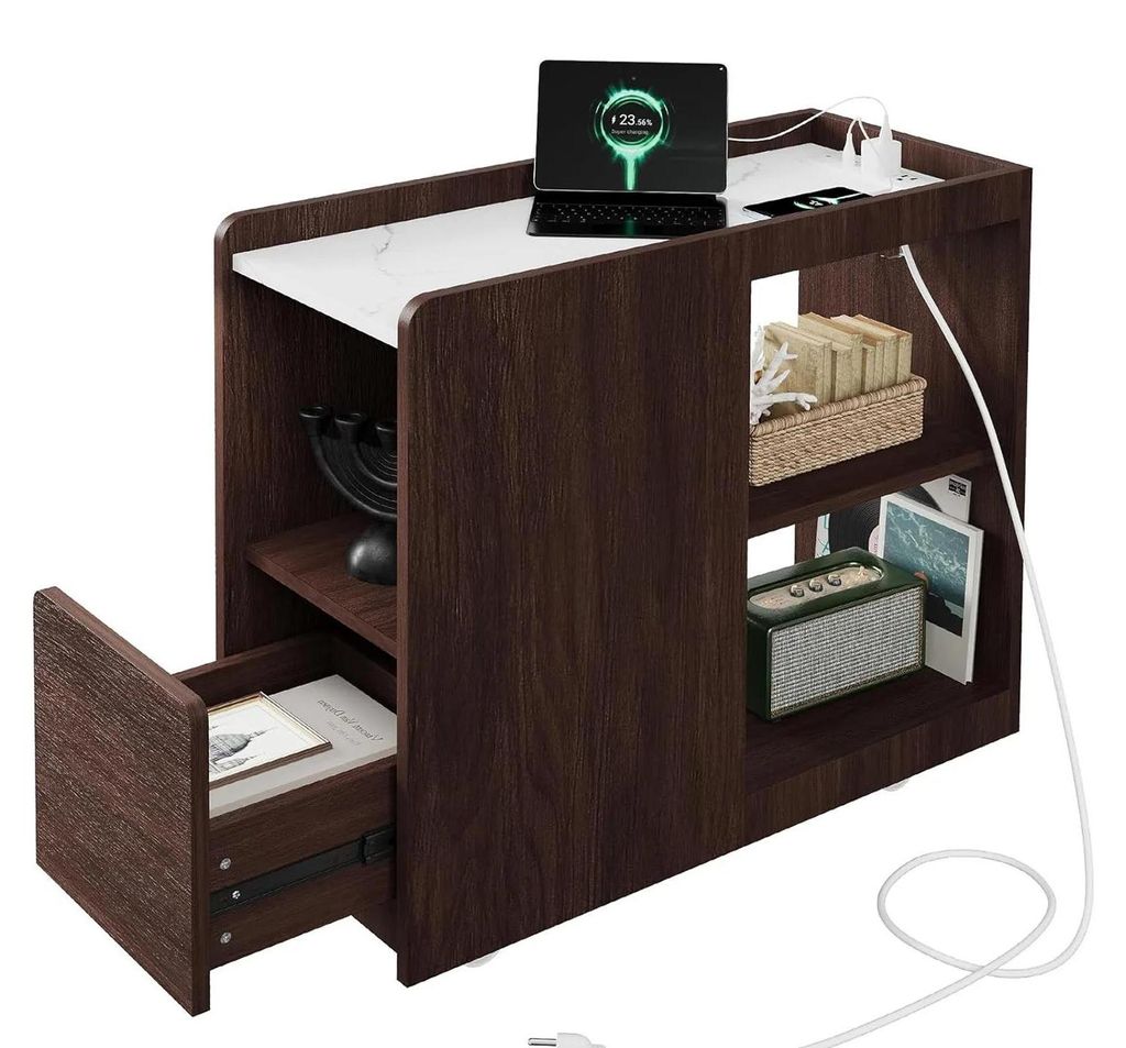 Nachttisch mit Ladefunktion - Beistelltisch Sofa - 2 EU-Steckdosen - Mit Schublade und Stauraum - Rechteckiges Holz - Walnuss