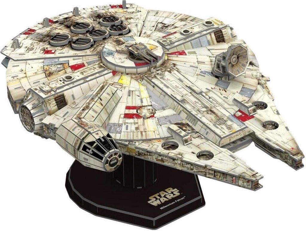 A 3D model of the Millennium Falcon spaceship from Star Wars, displayed on a stand.