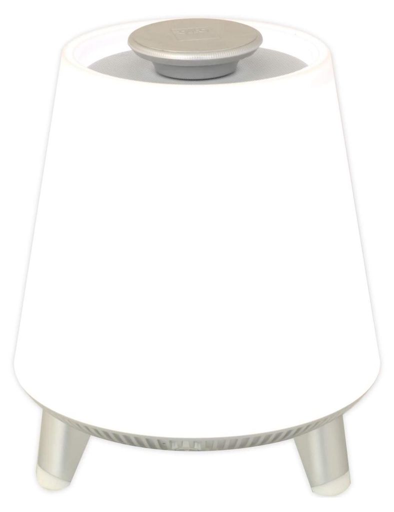 A white Bluetooth speaker with a gray top button sits on a white background.
