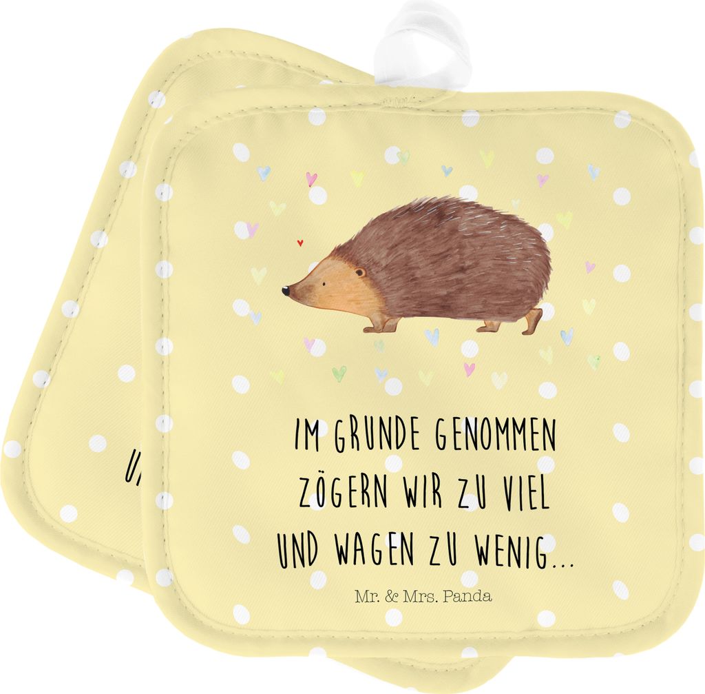Mr. & Mrs. Panda Topfuntersetzer Igel Herzen - Gelb Pastell - Geschenk, Ofenlappen, Lustige Sprüche, Liebe, Kuss, Herz, topfhalter, Doppel Topflap...