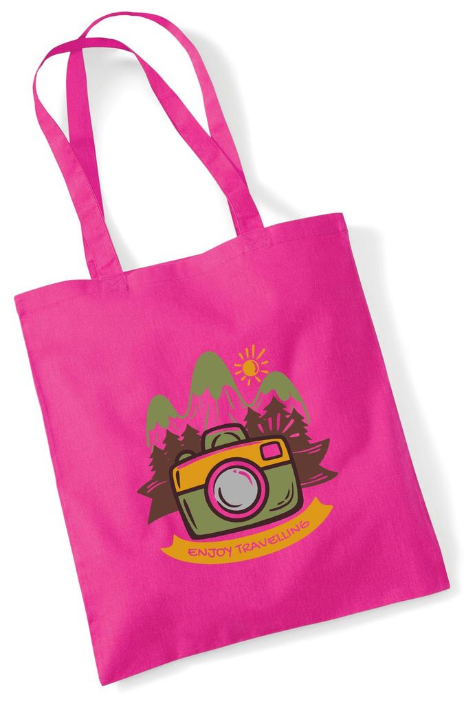 Huuraa Jutebeutel Enjoy travelling Kamera 10 Liter Fuchsia Baumwolle Tasche Geschenkidee