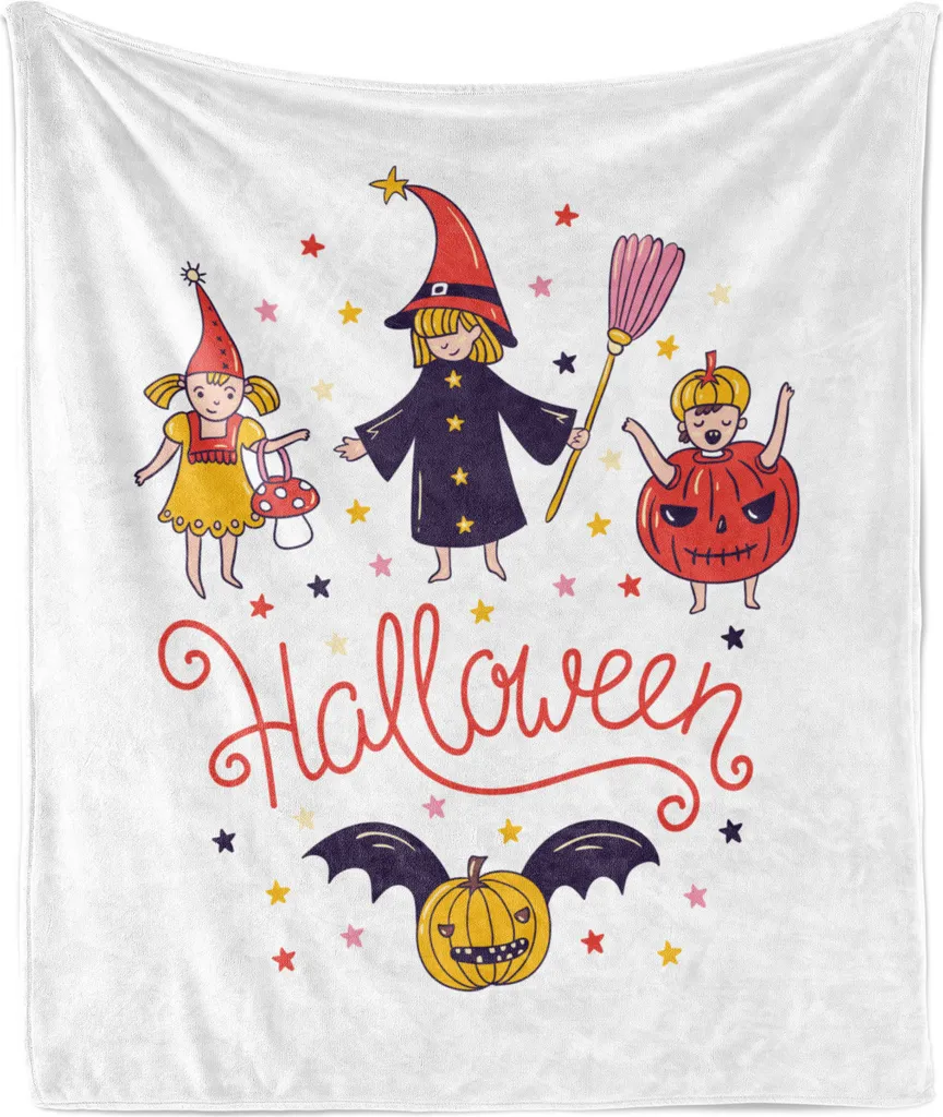 Coperta in morbido pile di flanella ABAKUHAUS Halloween, grafica a tema infantile con divertenti bambini in costume e stampa a stelle, 175 x 230 cm, bianca e multicolore