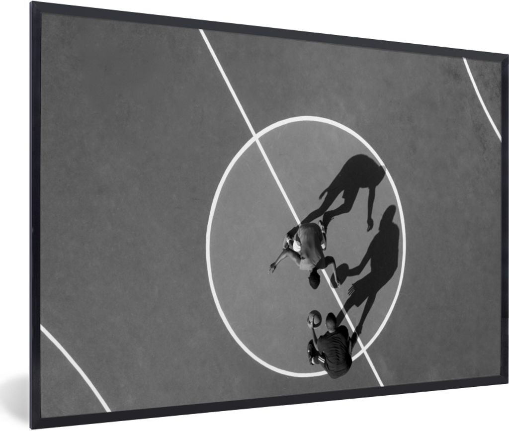 MuchoWow Gerahmtes Poster Vogelperspektive Basketball - schwarz und weiß 90x60 cm - Poster mit Schwarzem Bilderrahmen Wandposter Rahmen Foto Bil...