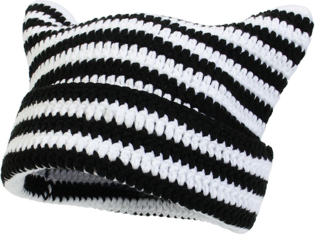Warme Strickmützen für Herbst und Winter im Freien, süße gestreifte Katzenohrmütze ohne Krempe, verdickte, dehnbare Kopfbedeckung, Wollgarn, g...
