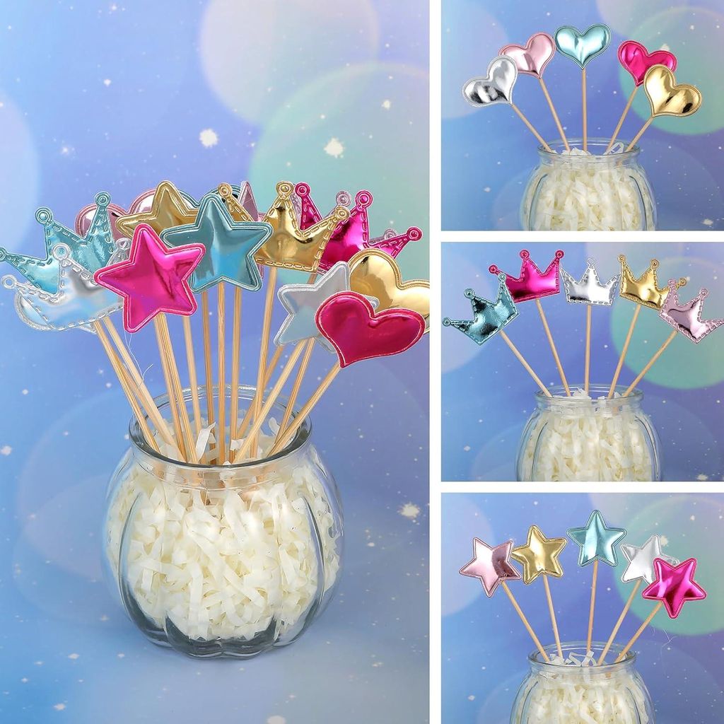 60 Stück Stern Herz Cupcake-Dekoration Krone Muffindekoration Glänzende Muffins Dekoration Farbstifte Cupcake-Topper Kindergeburtstag Mädchen f...