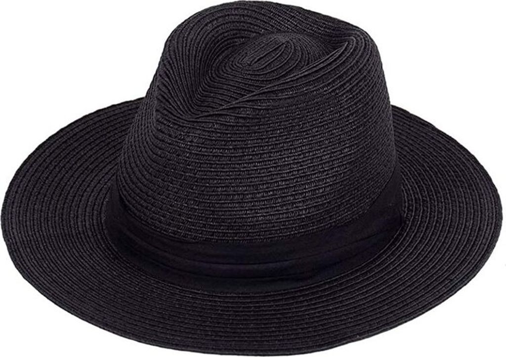 ASKSA Panama Hut Damen Sommer Fedora Strohhut Rollbar UV Sonnenhut, Schwarz
