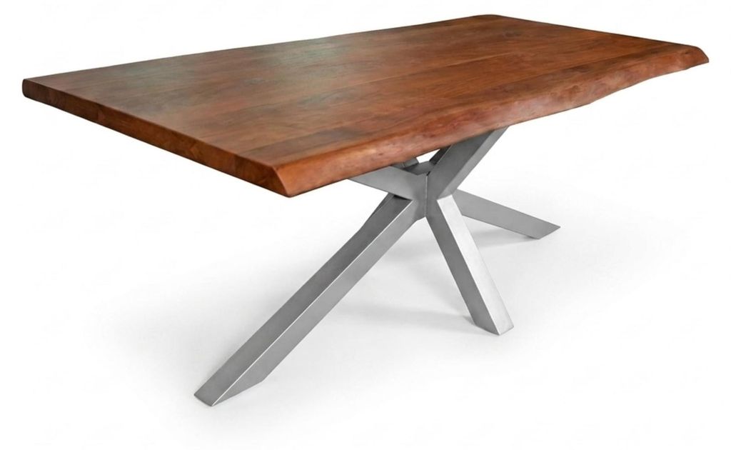 Esstisch 240 x 110 cm Cali, Baumkantentisch nussbaumfarben, Akazienholz massiv, Spider-Gestell aus Metall Silber