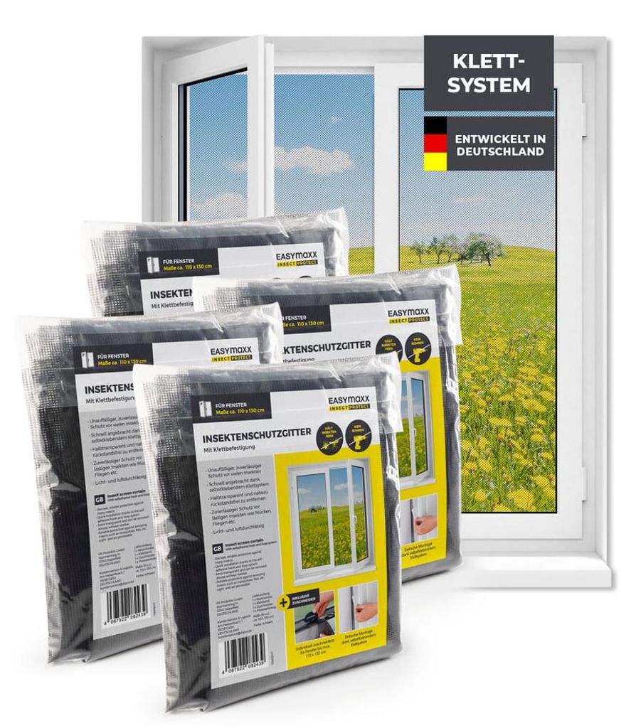 EASYmaxx Moskitonetz für Fenster mit selbstklebendem Klettband 4er-Set - 110x130cm