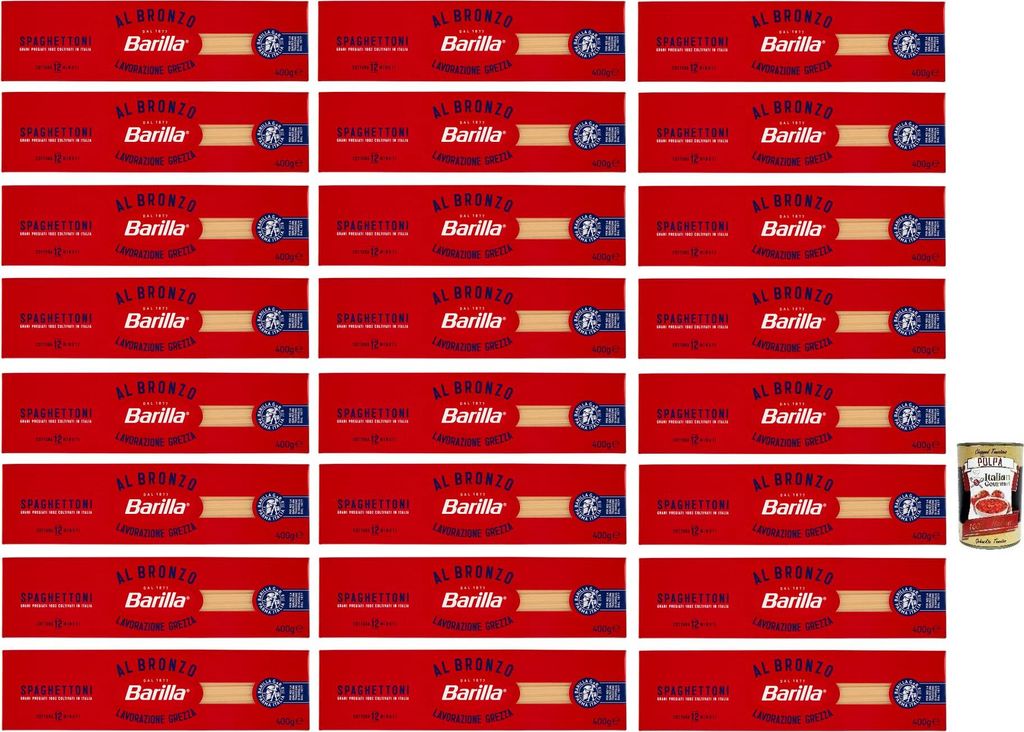 24x Barilla Pasta Al Bronzo Spaghettoni 100% italienischer Weizen,Bronze Zeichnung,Italienische Nudeln,400g + Italian Gourmet Polpa di Pomodoro 400...