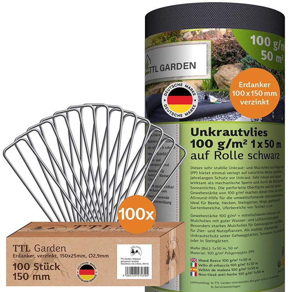 TTL GARDEN Unkrautvlies Set 50m² 1x50m 100g/m² + 100 Produktbild 