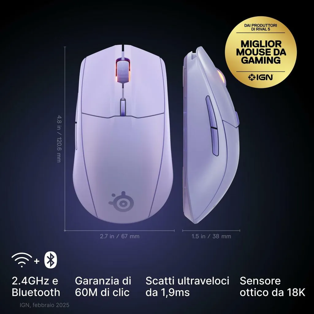 Souris Gaming Sans Fil SteelSeries Rival 3 Gen 2 Bluetooth Lavender - 10