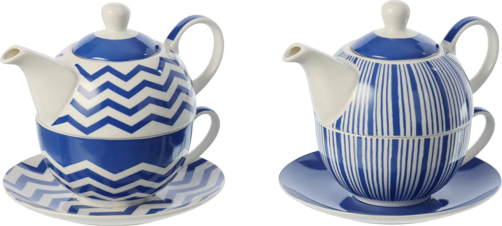 J-Line Théière en Porcelaine Bleu et Blanc Assortie Style Rétro - Modèle 2