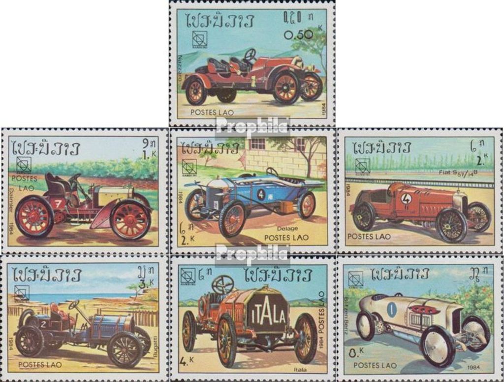 Briefmarken Laos 1984 Mi 750-756 (kompl.Ausg.) postfrisch Alte Rennwagen