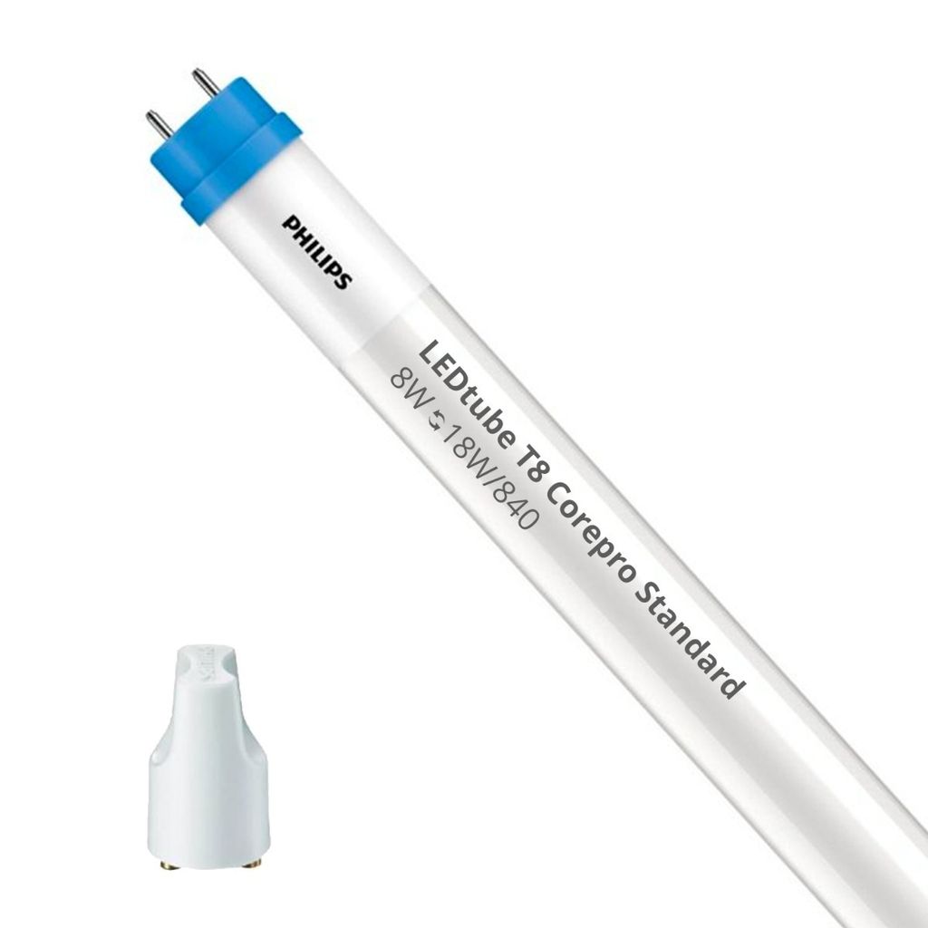 A single LED tube light with a blue cap and white body, presented on a white background. A small white cap accessory is shown separately in the bottom left corner.