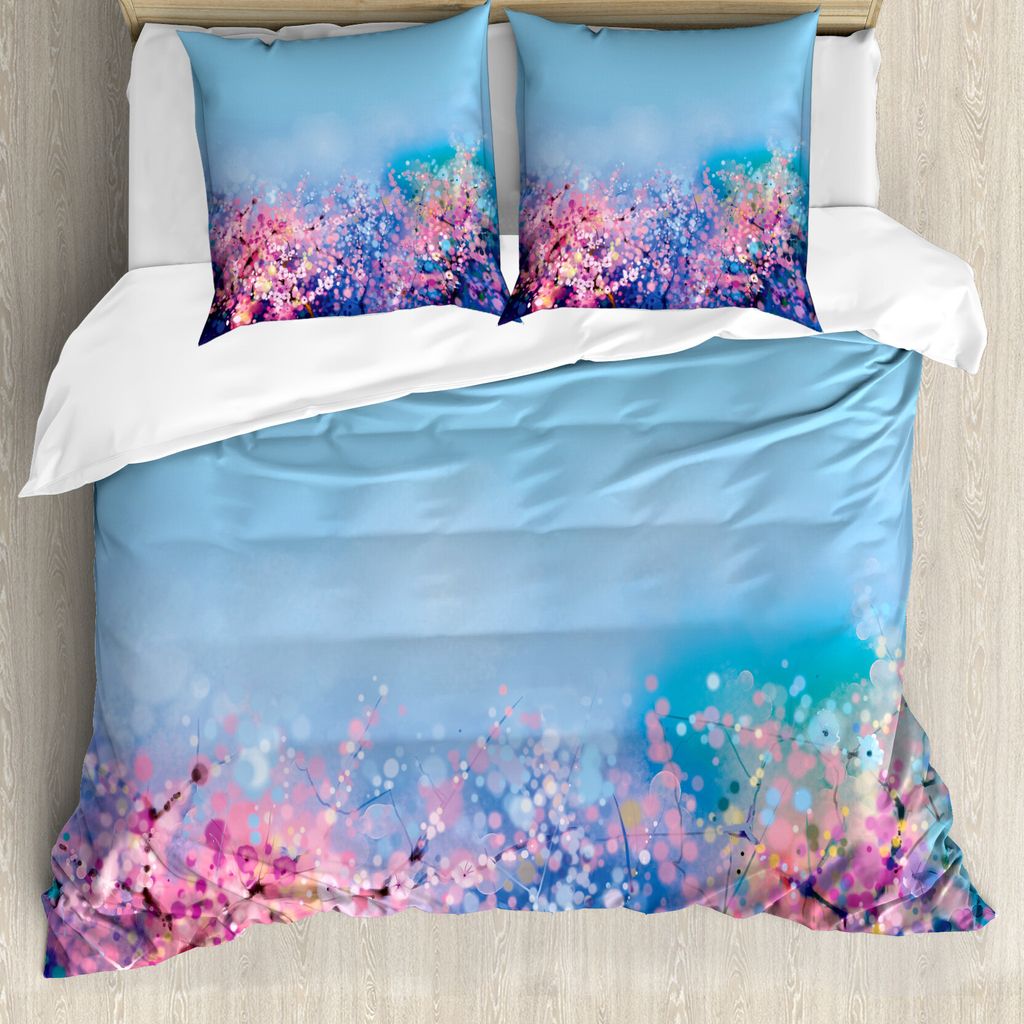 ABAKUHAUS Blume Bettbezug, Retro Cherry Blossom, Milbensicher Allergiker geeignet mit Kissenbezügen, 200 cm x 200 cm - 80 x 80 cm, Pink Blau