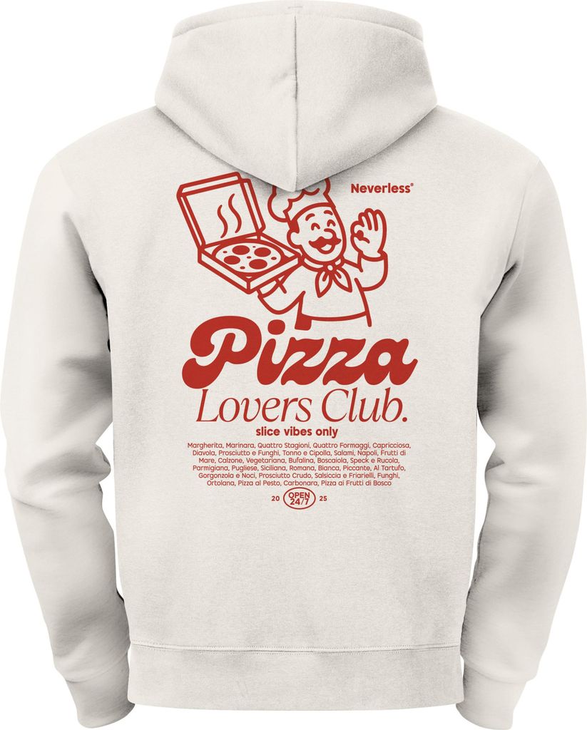 Herren Hoodie Backprint Pizza Lovers Club | Kapuzensweatshirt mit Pizza Print Retro Food Design Neverless