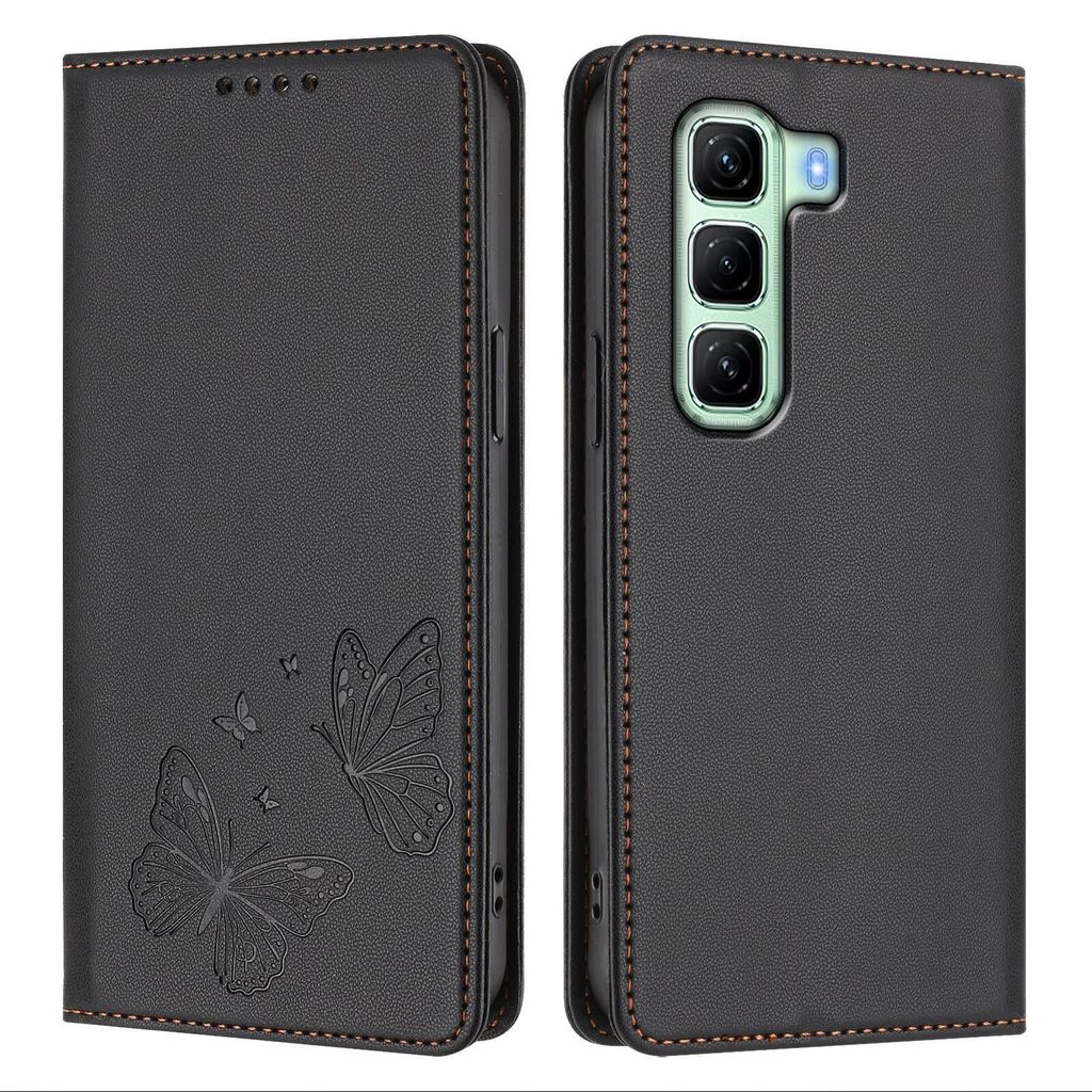 Lederhülle für Infinix Hot 50 4G, Schmetterling Prägung Leder Brieftasche Schutzhülle mit Ständer Schwarz