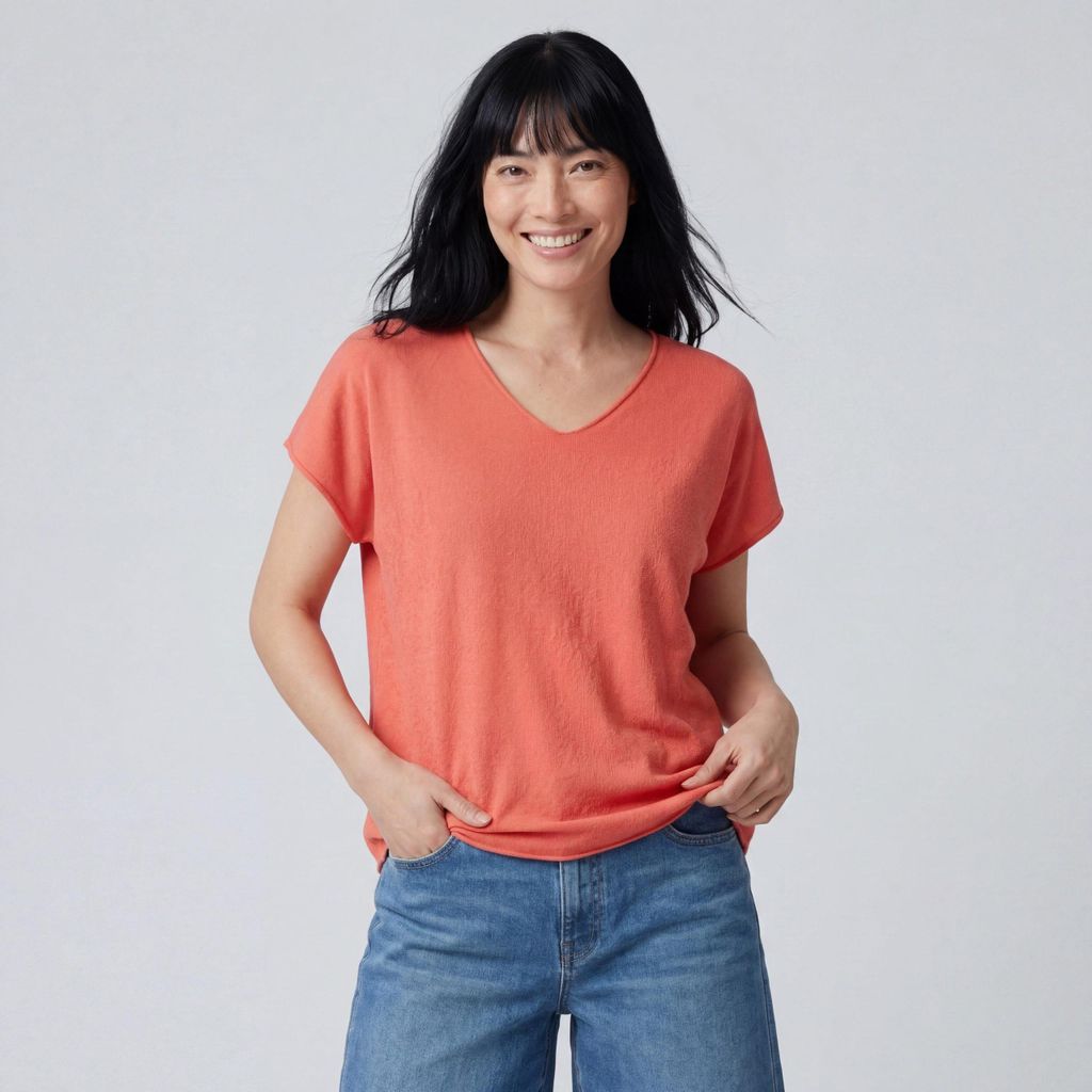 T-Shirt Damen Feinstrick Shirt Nahtlos Kurzarm Oberteil 36 38 40 V-Ausschnitt