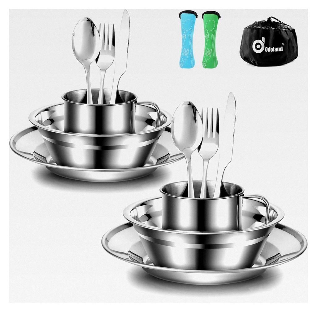 Campingbesteck Set für 2 Personen aus Edelstahl – Klappbesteck mit Teller und Tasse für Outdoor-Aktivitäten