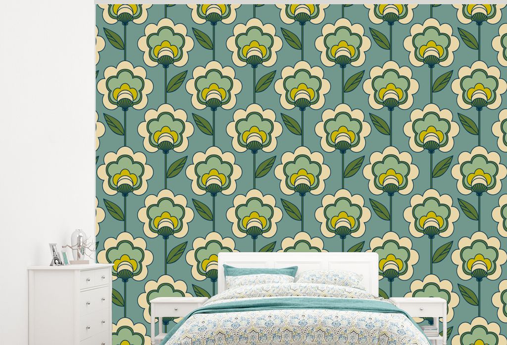MuchoWow Fototapete für Wohnzimmer oder Schlafzimmer Wandtapete Vinyl Motivtapete Retro - Design - 1970er Jahre - Blume - 275x220 cm - Gemustert