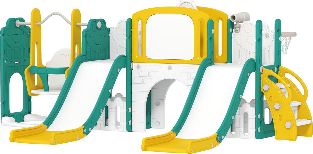 9-in-1 Rutschen- und Schaukelset für Kleinkinder, mit Basketballkorb, Teleskop, Zeichenbrett, Frosch-Design, Gelb+Grün
