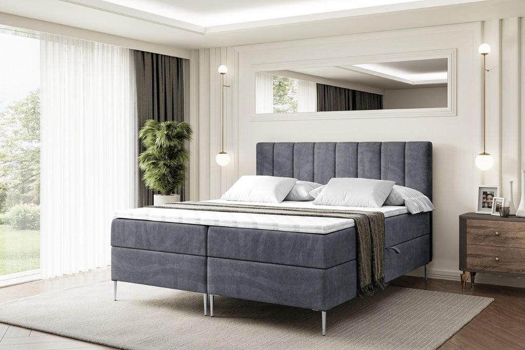 ALTDECOR Boxspringbett mit Silber Füßen, Matratze und Lattenrost, Boxbett, Topper, Polsterbett mit Bettkasten, Bett mit Stauraum H4-Matratze, Dop...