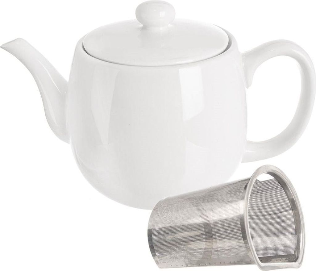 A white ceramic teapot with a lid and a separate metal tea infuser.