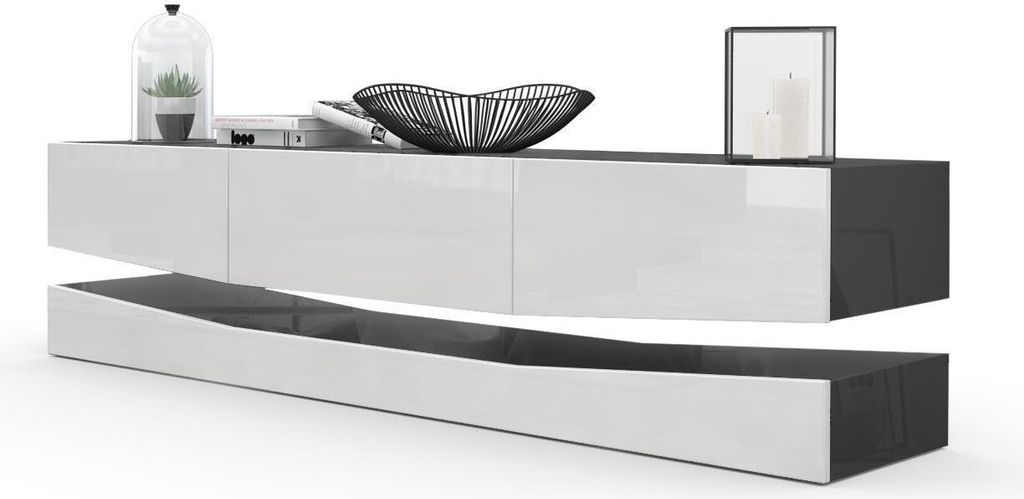 A modern TV stand with a unique floating design, presented against a white background.