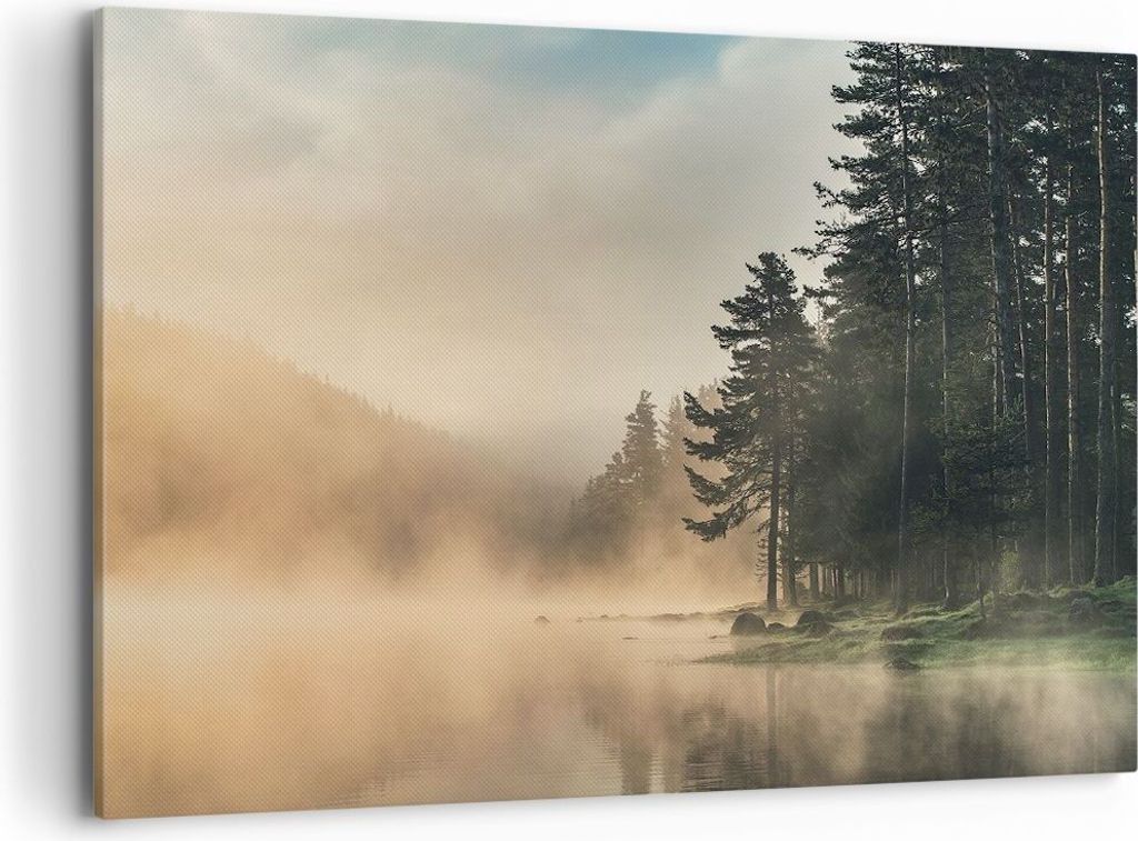 Bild auf Leinwand - Leinwandbild - Einteilig - Nebel See Wald - 100x70cm - Wand Bild - Wanddeko - Wandbilder - Leinwanddruck - Bilder - Wanddekorat...