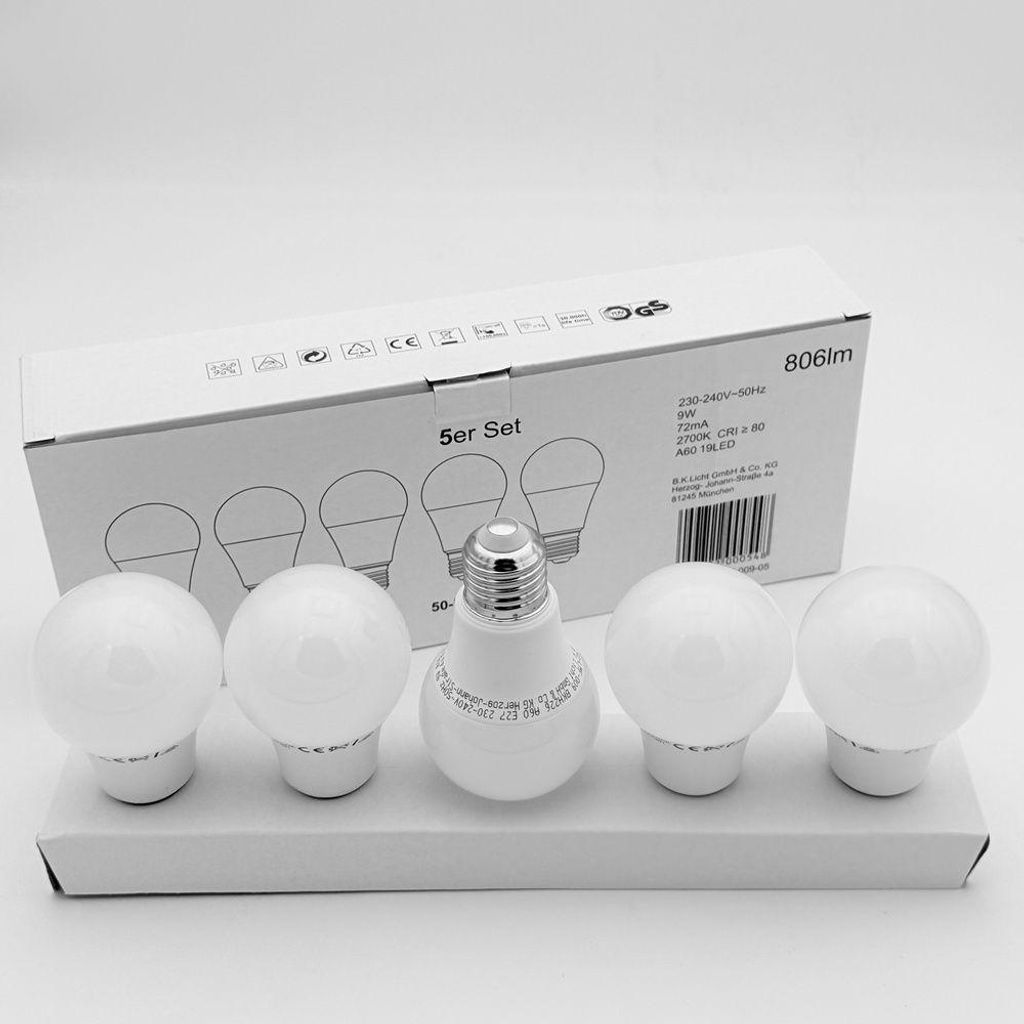 B.K.Licht 5x LED Leuchtmittel E27 warmweiß 9W Produktbild 